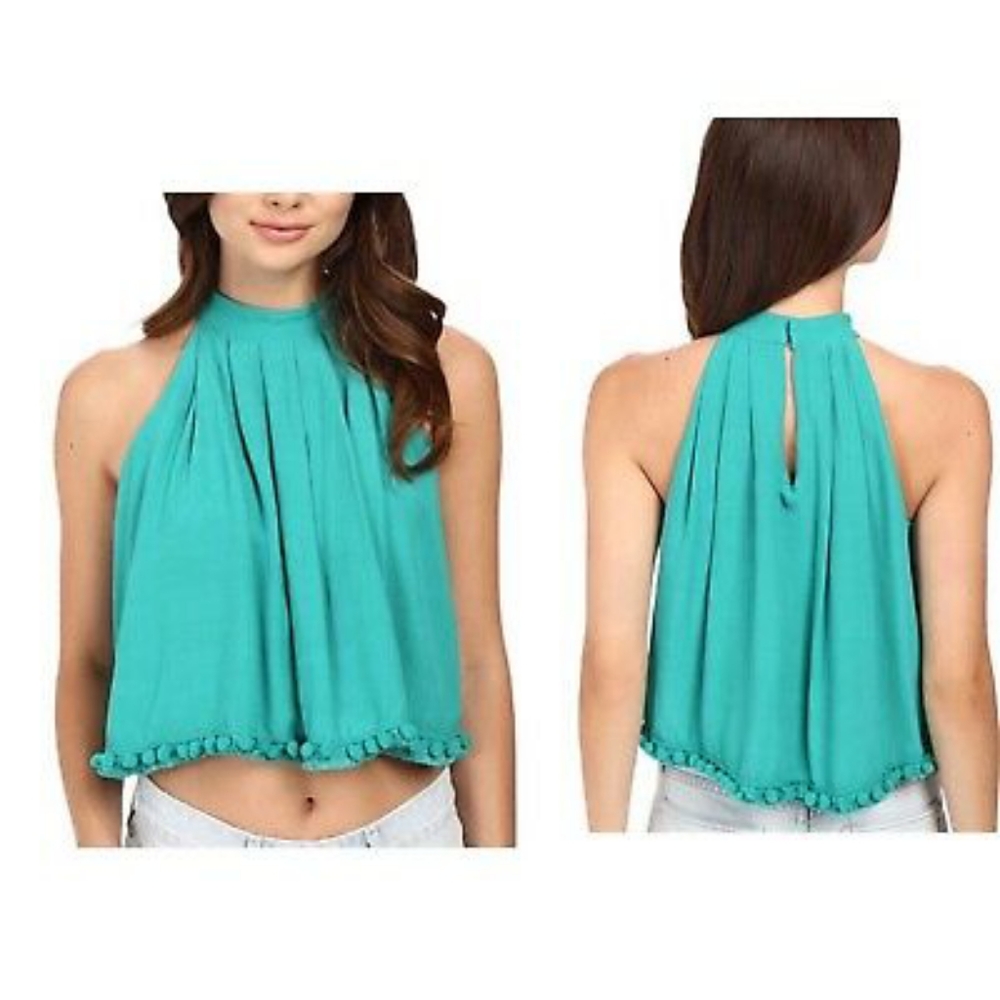 Lovers+Friends S Green Crop Pom Pom Top